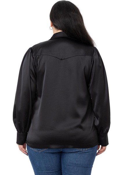 Büyük Beden Manşeti ve Kol Tepesi Büzgülü Saten Siyah Gömlek modelleri