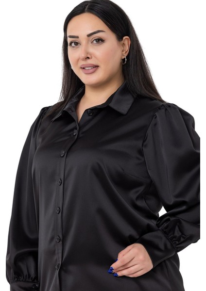 Büyük Beden Manşeti ve Kol Tepesi Büzgülü Saten Siyah Gömlek fırsatları