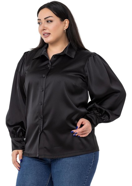 Büyük Beden Manşeti ve Kol Tepesi Büzgülü Saten Siyah Gömlek indirimleri