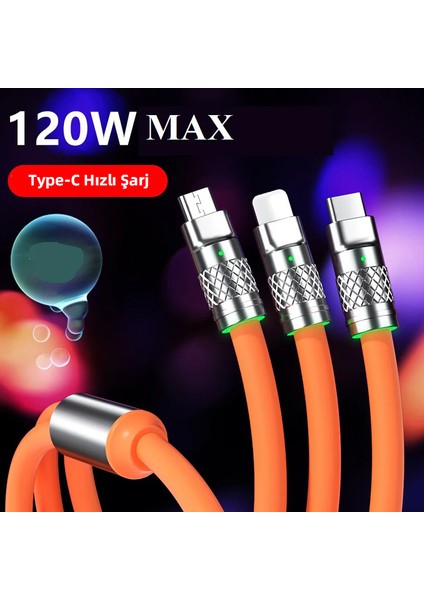 3 In 1 USB To Type-C + Micro USB + Lightning 120W Hızlı Şarj Kablosu