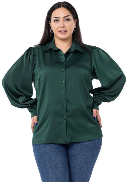Büyük Beden Manşeti ve Kol Tepesi Büzgülü Saten Zümrüt Gömlek