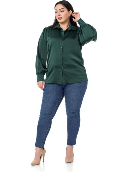 Büyük Beden Manşeti ve Kol Tepesi Büzgülü Saten Zümrüt Gömlek fiyatları