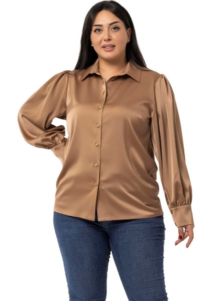 Büyük Beden Manşeti ve Kol Tepesi Büzgülü Saten Vizon Gömlek