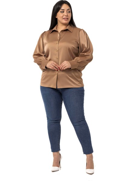 Büyük Beden Manşeti ve Kol Tepesi Büzgülü Saten Vizon Gömlek fiyatları