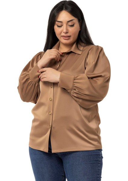 Büyük Beden Manşeti ve Kol Tepesi Büzgülü Saten Vizon Gömlek indirimleri