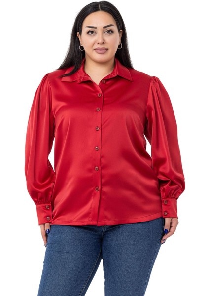 Büyük Beden Manşeti ve Kol Tepesi Büzgülü Saten Kırmızı Gömlek
