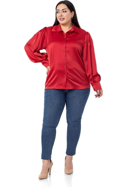 Büyük Beden Manşeti ve Kol Tepesi Büzgülü Saten Kırmızı Gömlek fiyatları