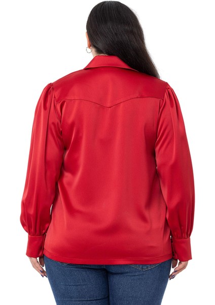 Büyük Beden Manşeti ve Kol Tepesi Büzgülü Saten Kırmızı Gömlek modelleri