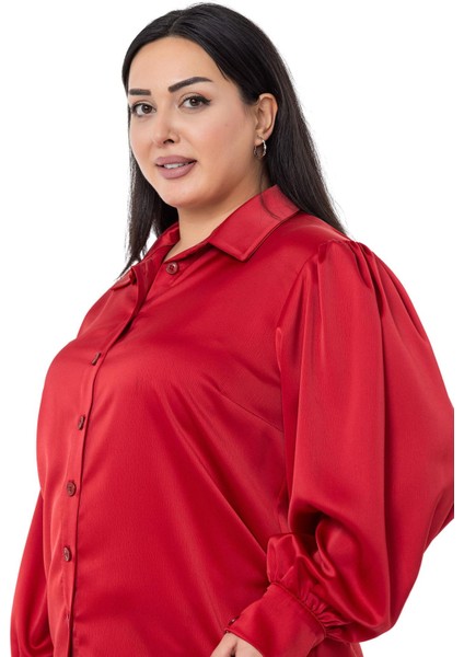 Büyük Beden Manşeti ve Kol Tepesi Büzgülü Saten Kırmızı Gömlek fırsatları