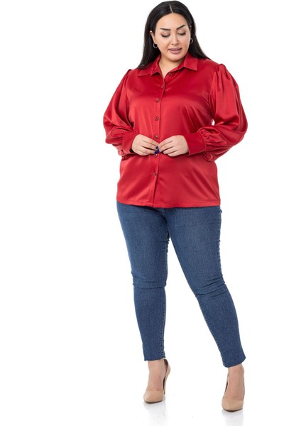 Büyük Beden Manşeti ve Kol Tepesi Büzgülü Saten Kırmızı Gömlek indirimleri
