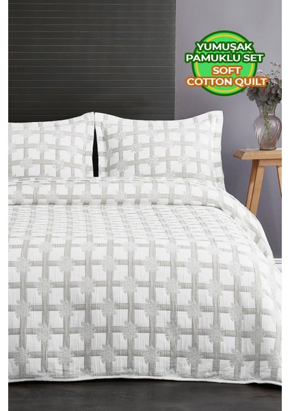 Pamuklu Çizgili Yatak Örtüsü Seti Çift ( Taraflı ) Kişilik 3 Parça Günlük Battal Shelby