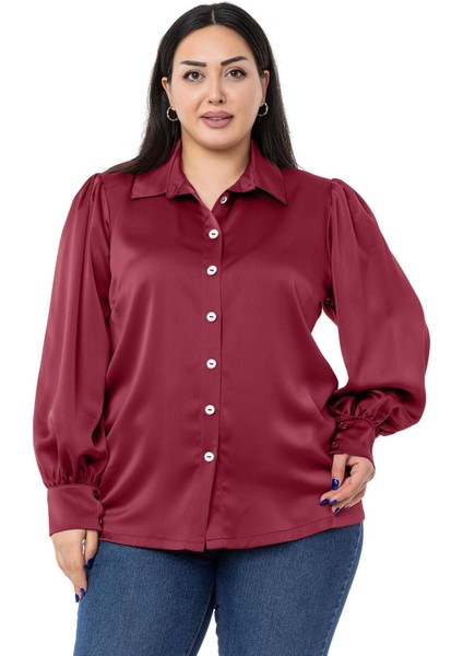 Büyük Beden Manşeti ve Kol Tepesi Büzgülü Saten Bordo Gömlek