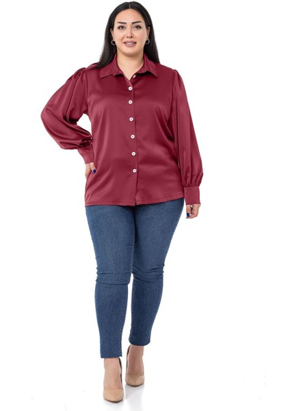Büyük Beden Manşeti ve Kol Tepesi Büzgülü Saten Bordo Gömlek fiyatları