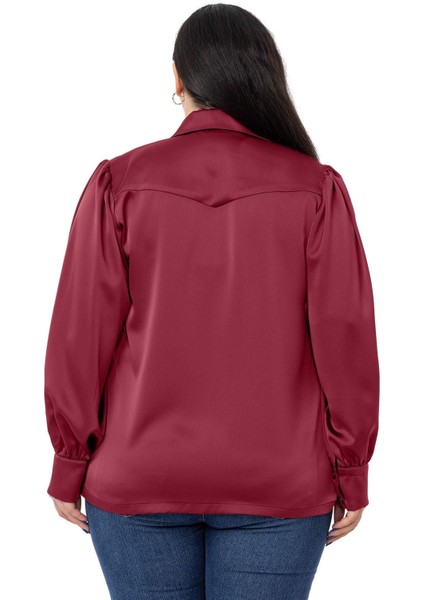 Büyük Beden Manşeti ve Kol Tepesi Büzgülü Saten Bordo Gömlek modelleri