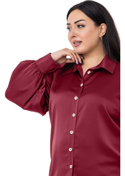 Büyük Beden Manşeti ve Kol Tepesi Büzgülü Saten Bordo Gömlek fırsatları
