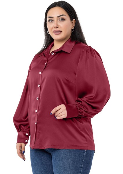 Büyük Beden Manşeti ve Kol Tepesi Büzgülü Saten Bordo Gömlek indirimleri