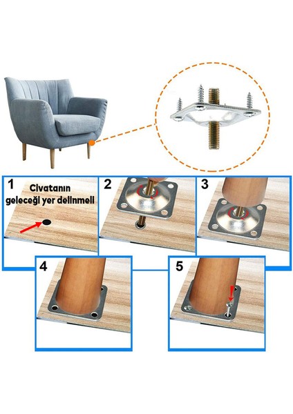 Mobilya Dolap Masa Baza Zigon Sehpa Ayağı Metal Bağlantı Aparatı M8 Civatalı Düz Ayak Tabanı (4 Adet)