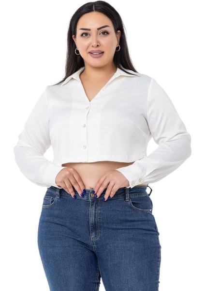 Büyük Beden Saten Manşetli Beyaz Crop Gömlek