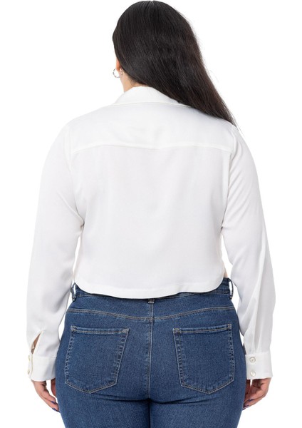Büyük Beden Saten Manşetli Beyaz Crop Gömlek