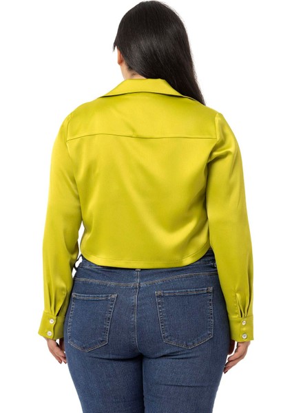 Büyük Beden Saten Manşetli Fıstık Yeşili Crop Gömlek
