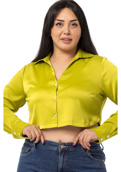 Büyük Beden Saten Manşetli Fıstık Yeşili Crop Gömlek