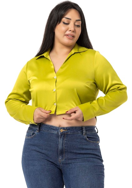 Büyük Beden Saten Manşetli Fıstık Yeşili Crop Gömlek
