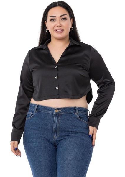 Büyük Beden Saten Manşetli Siyah Crop Gömlek