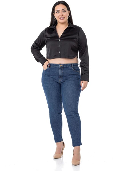 Büyük Beden Saten Manşetli Siyah Crop Gömlek