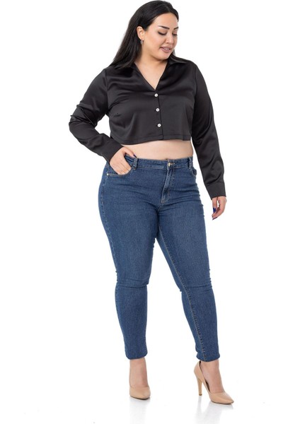 Büyük Beden Saten Manşetli Siyah Crop Gömlek