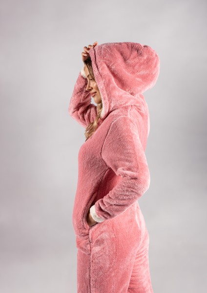 Kışlık Kapüşonlu Polar Peluş Tulum, Pijama Takımı