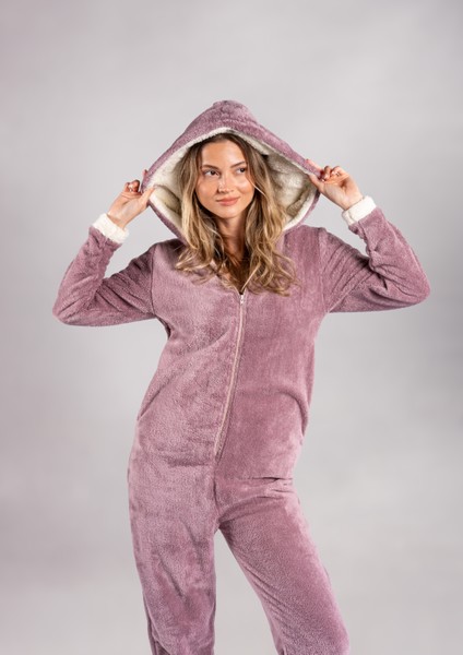 Kışlık Kapüşonlu Polar Peluş Tulum, Pijama Takımı