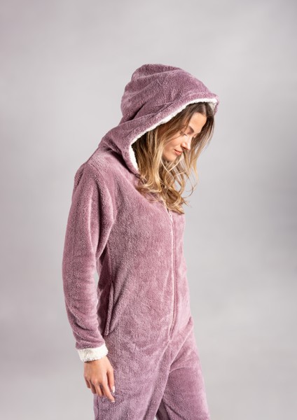 Kışlık Kapüşonlu Polar Peluş Tulum, Pijama Takımı