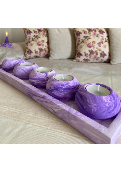 Mor Villa El Yapımı 5'li Beton Tabaklı Beton Mumluk Set Beton Tealight Set Taşlar ve Mumlar Dahildir.