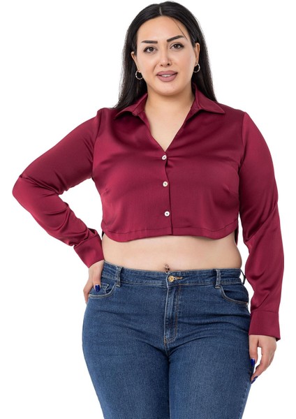 Büyük Beden Saten Manşetli Bordo Crop Gömlek