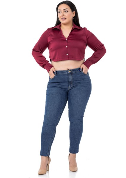 Büyük Beden Saten Manşetli Bordo Crop Gömlek