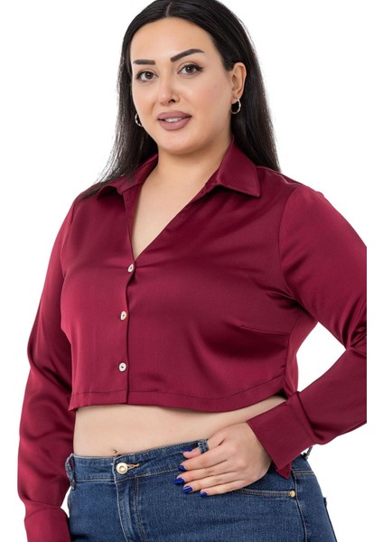 Büyük Beden Saten Manşetli Bordo Crop Gömlek