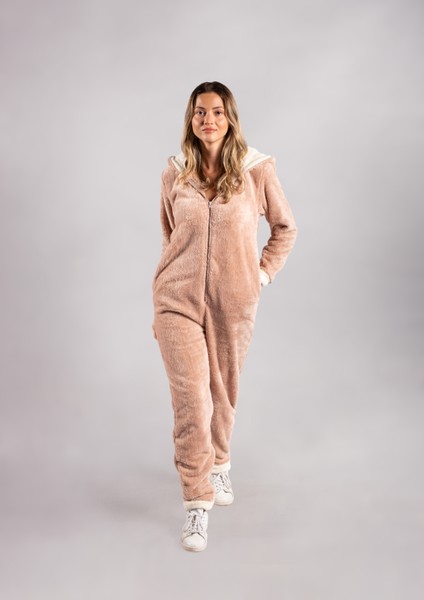 Kışlık Kapüşonlu Polar Peluş Tulum, Pijama Takımı