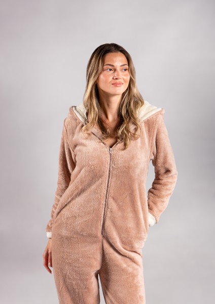 Kışlık Kapüşonlu Polar Peluş Tulum, Pijama Takımı