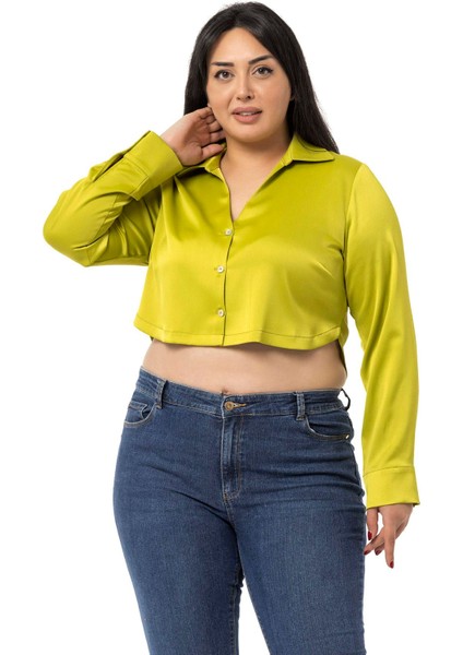 Büyük Beden Saten Manşetli Fıstık Yeşili Crop Gömlek