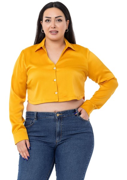 Büyük Beden Saten Manşetli Hardal Crop Gömlek