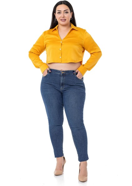 Büyük Beden Saten Manşetli Hardal Crop Gömlek fiyatları