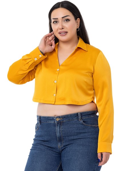 Büyük Beden Saten Manşetli Hardal Crop Gömlek indirimleri
