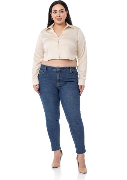 Büyük Beden Saten Manşetli Bej Rengi Crop Gömlek fiyatları