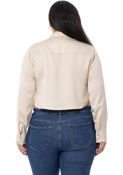 Büyük Beden Saten Manşetli Bej Rengi Crop Gömlek modelleri