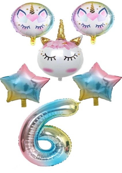 Unicorn Karakterli Rakamlı Yıldızlı Folyo Balon Seti Yaş 6