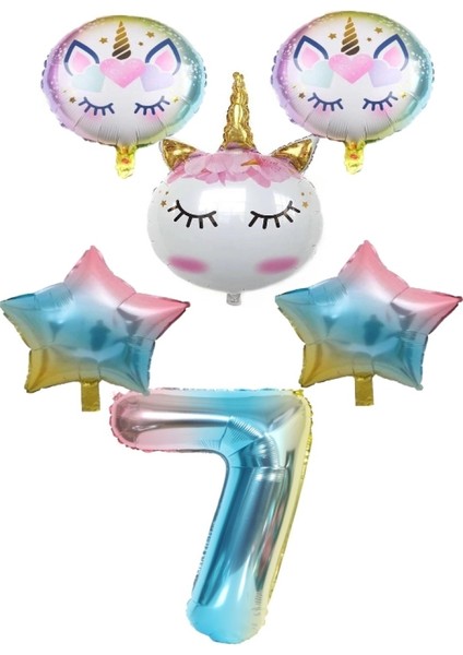 Unicorn Karakterli Rakamlı Yıldızlı Folyo Balon Seti Yaş 7