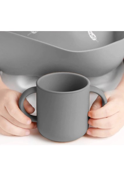 8'li Set - Silikon Mama Önlüğü Bardak Vakumlu Tabak Mama Kaşığı 3'lü Dişlik ve Kule Oyuncağı Gri modelleri