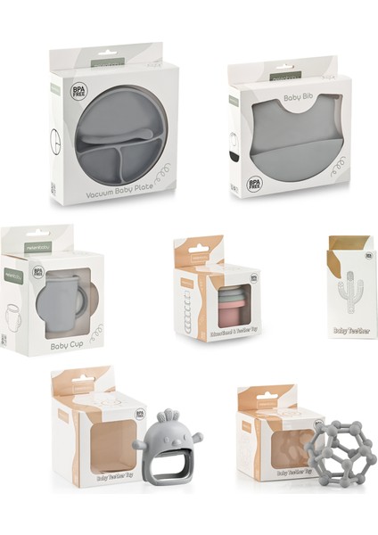 8'li Set - Silikon Mama Önlüğü Bardak Vakumlu Tabak Mama Kaşığı 3'lü Dişlik ve Kule Oyuncağı Gri indirimleri
