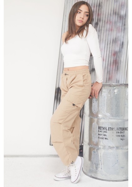 Krem Kargo Cep Lastikli Paça Kız Paraşüt Pantolon 17598