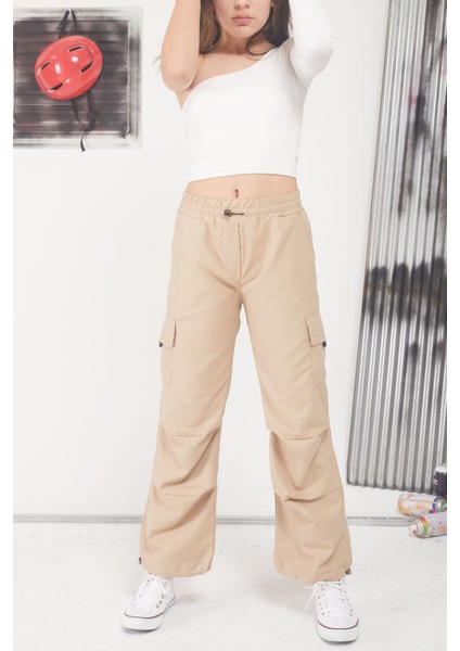Krem Kargo Cep Lastikli Paça Kız Paraşüt Pantolon 17598 fiyatları